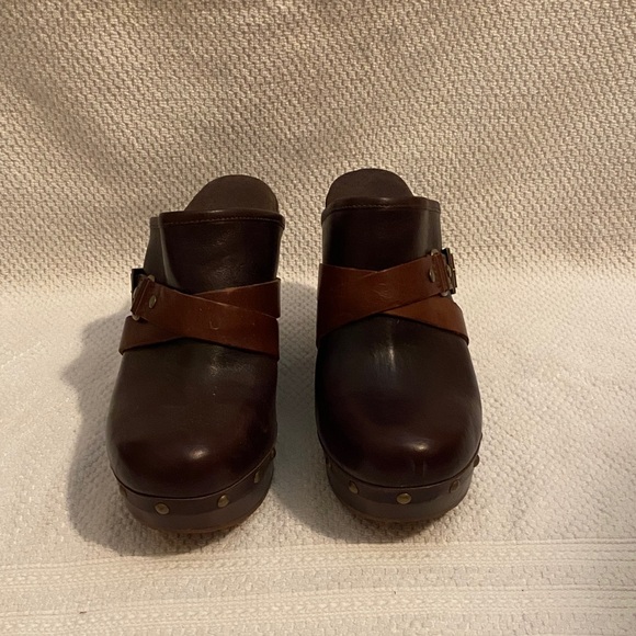 UGG Dark Brown Leather Mules with Tan Strap - Picture 1 of 4